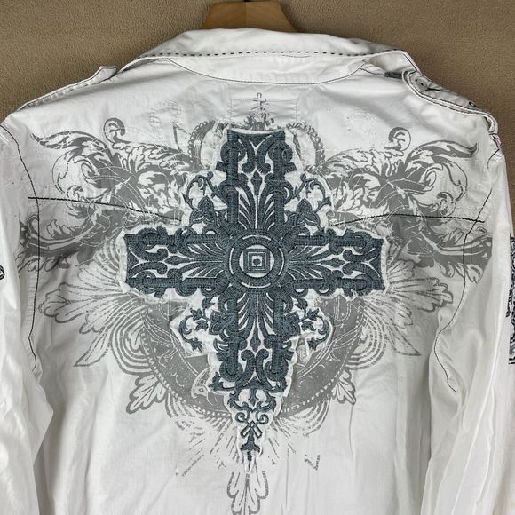 Roar Shirt Mens Extra Large White Embroidered Buckle Wings Crosses Long Sleeve - Picture 15 of 16